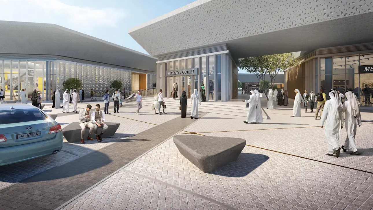 Architectural rendering of the QOV Retail Plaza, showing a modern shaded outdoor public square in front of glass-fronted buildings, populated by people in traditional attire