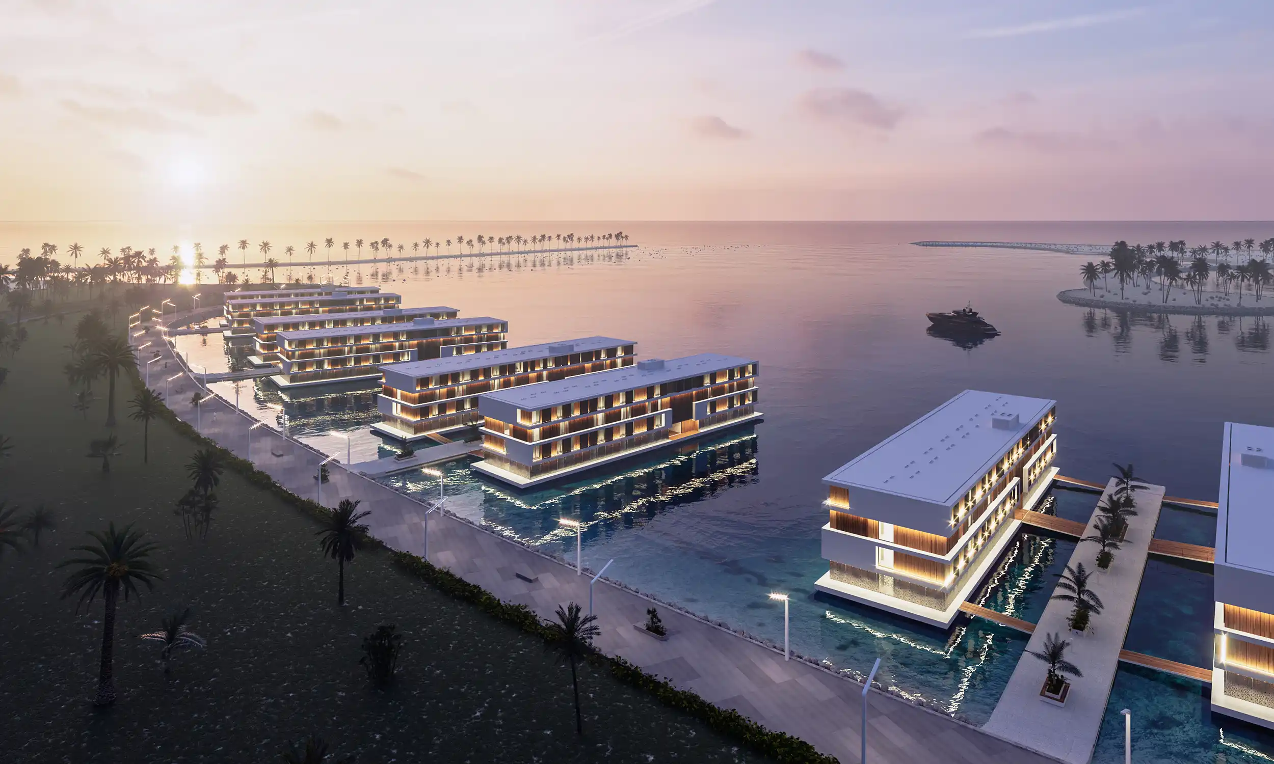 Rendering image of floating hotels at Qetaifan Island North