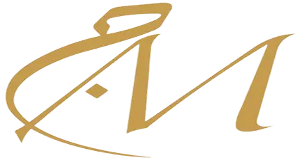 A stylized, abstract monogram or logo in a luxurious gold color, featuring fluid, interconnected shapes that resemble Arabic or highly stylized Latin letters, set against a white background.